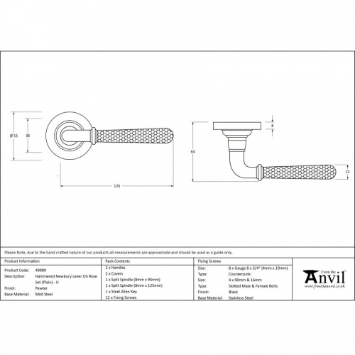 Pewter Hammered Newbury Lever on Rose Set (Plain Rose) - Unsprung